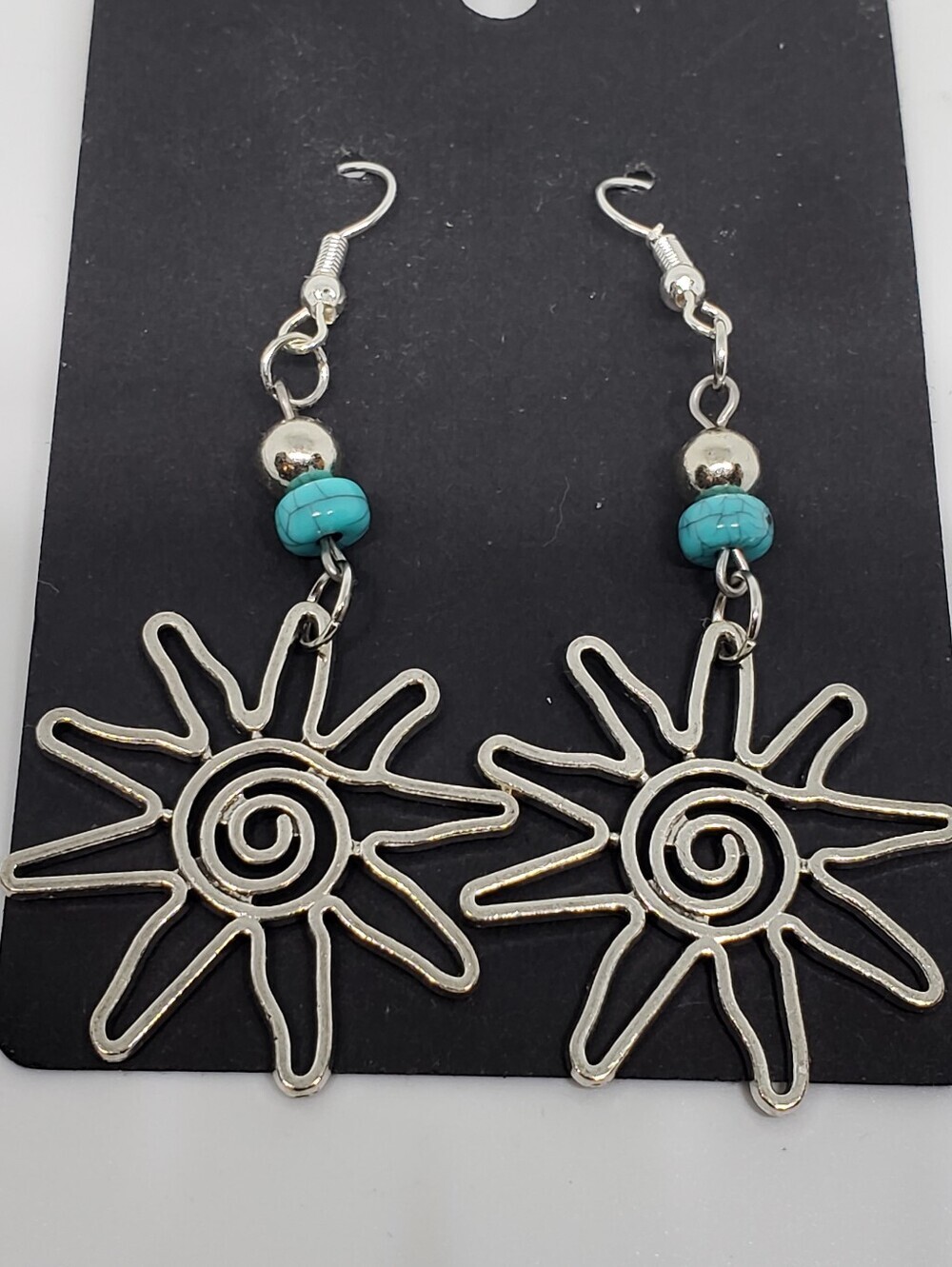 Handmade Beaded Boho Turquoise Silver Metal Spiral Sunburst Dangle Earrings